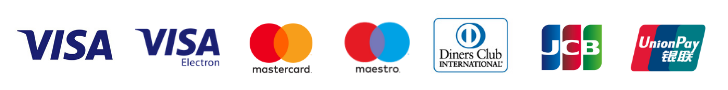 Přijímané platební karty: Visa, Visa Electron, Mastercard, Maestro, Diners Club, JCB, UnionPay