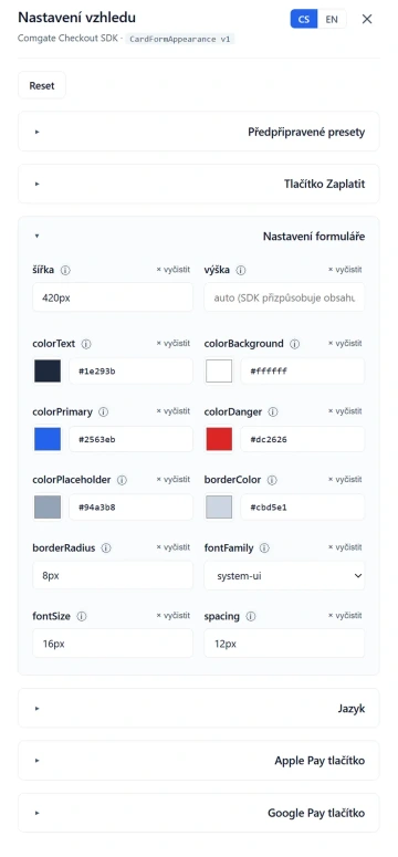 Web Checkout nastavení vzhledu