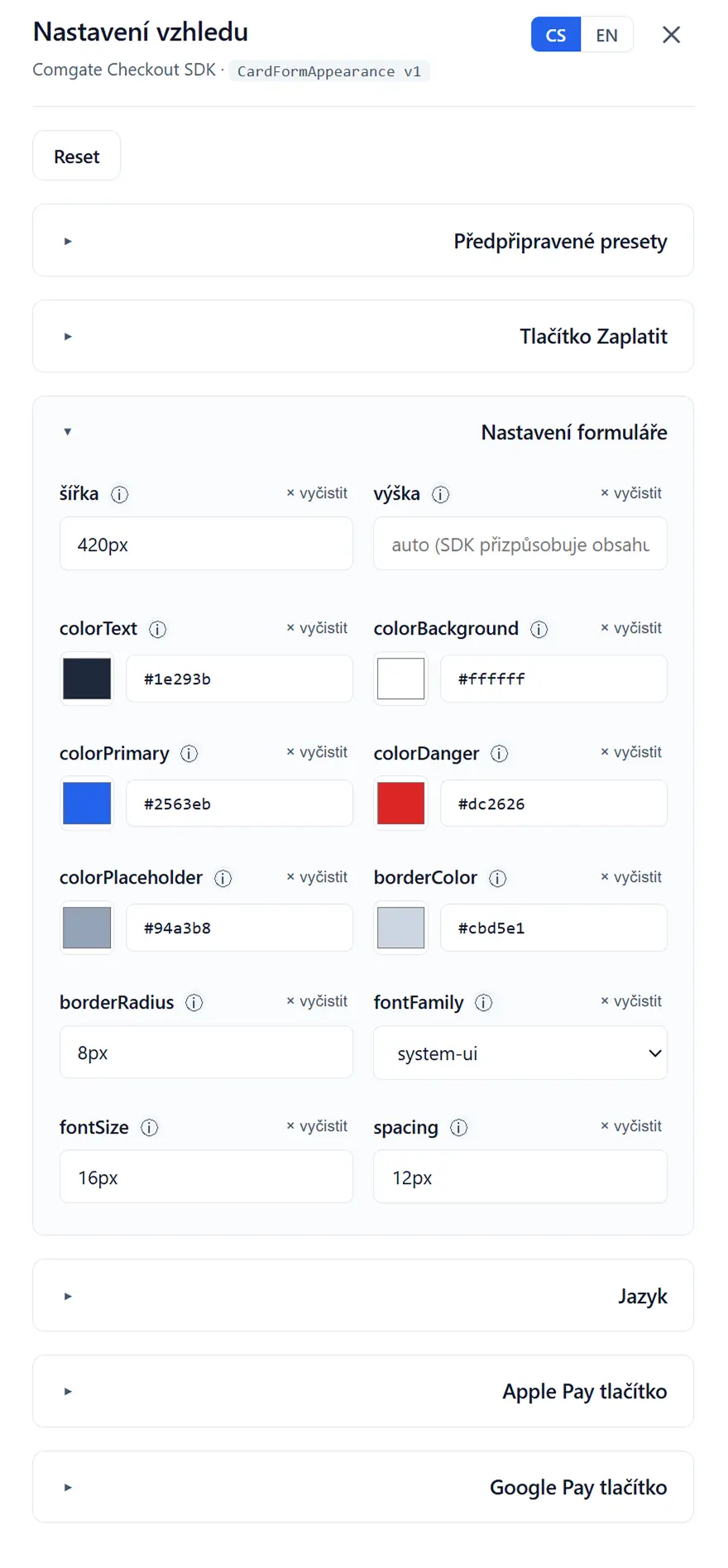 Web Checkout nastavení vzhledu
