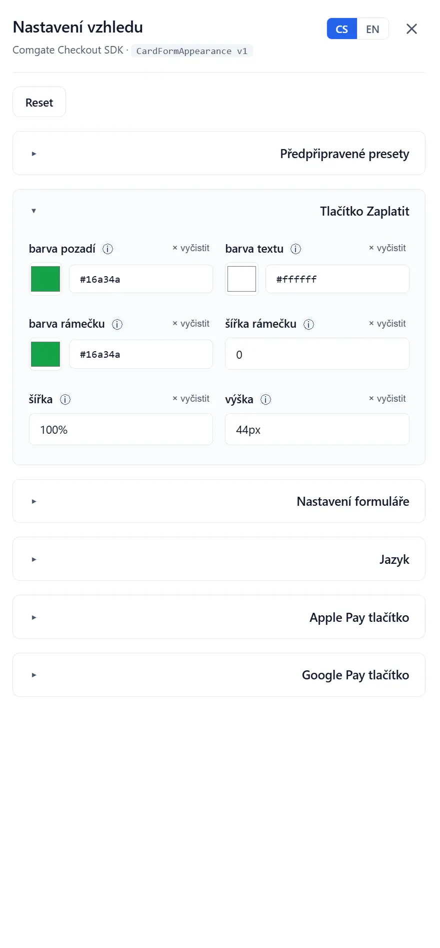 Web Checkout nastavení vzhledu